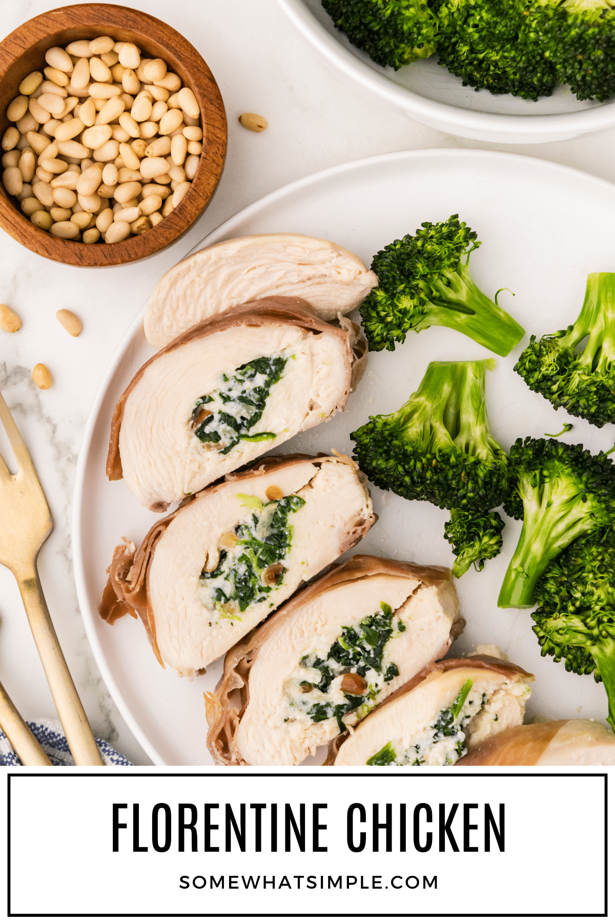 Florentine Chicken is a fancy dish that's simple to make. These cheesy, delicious prosciutto-wrapped chicken breasts taste AMAZING! via @somewhatsimple