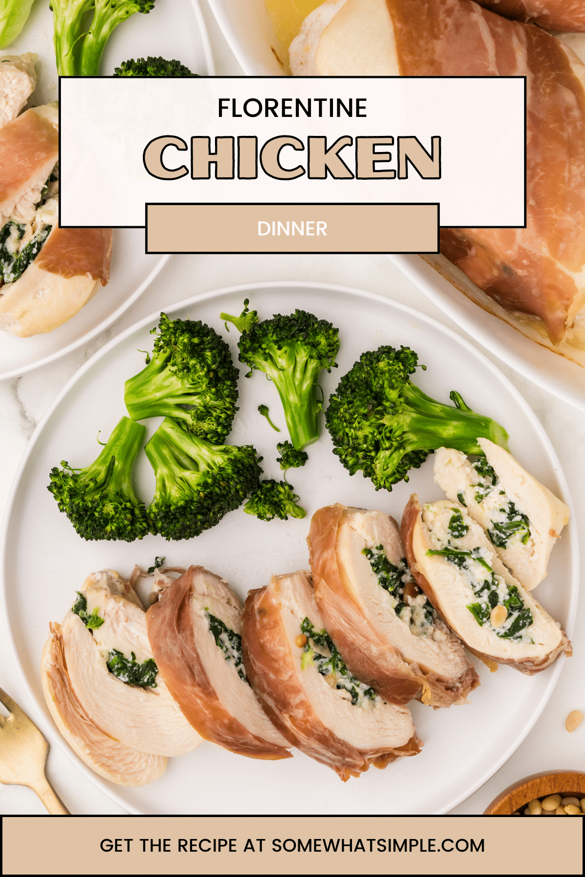 Florentine Chicken is a fancy dish that's simple to make. These cheesy, delicious prosciutto-wrapped chicken breasts taste AMAZING! via @somewhatsimple