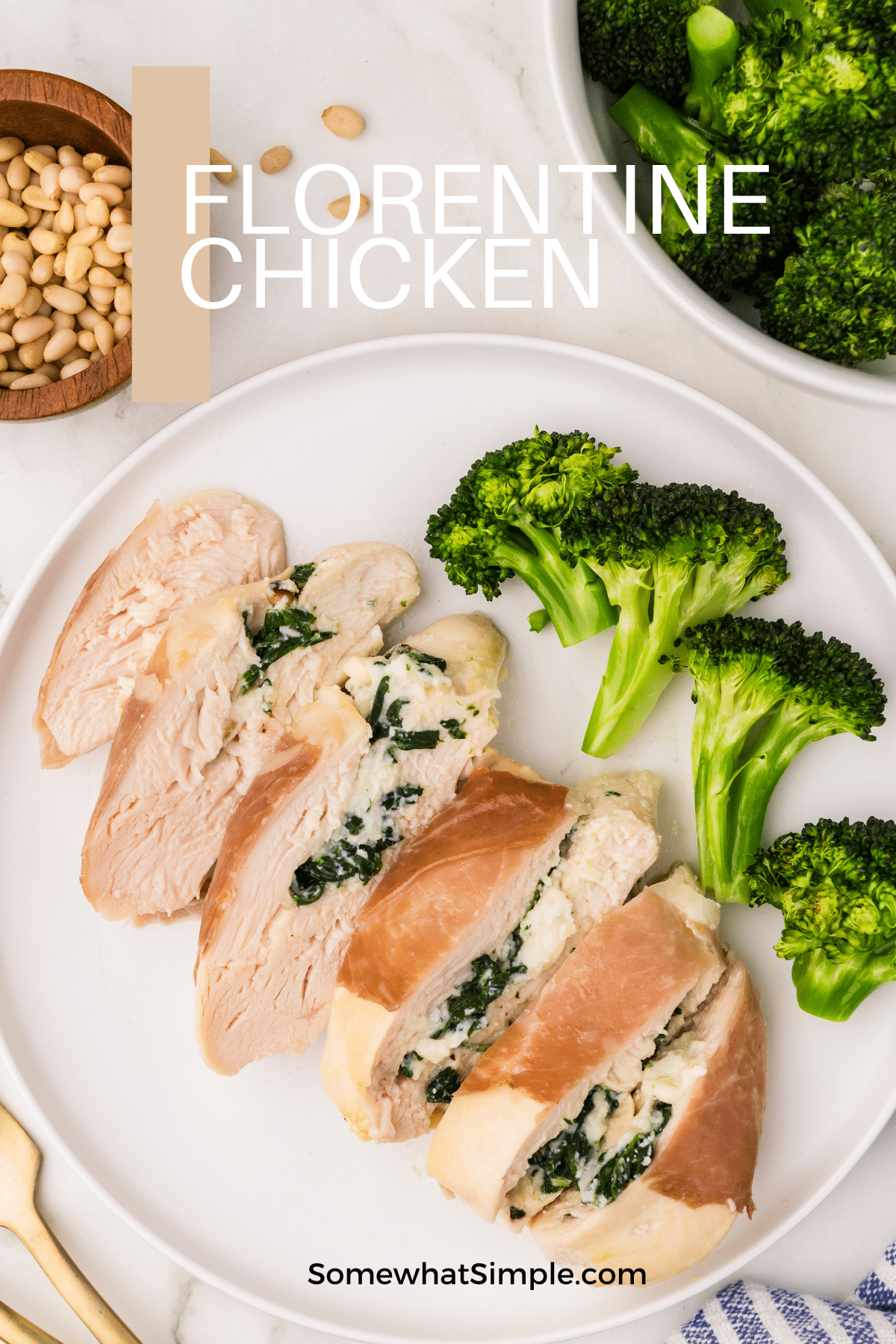 Florentine Chicken is a fancy dish that's simple to make. These cheesy, delicious prosciutto-wrapped chicken breasts taste AMAZING! via @somewhatsimple