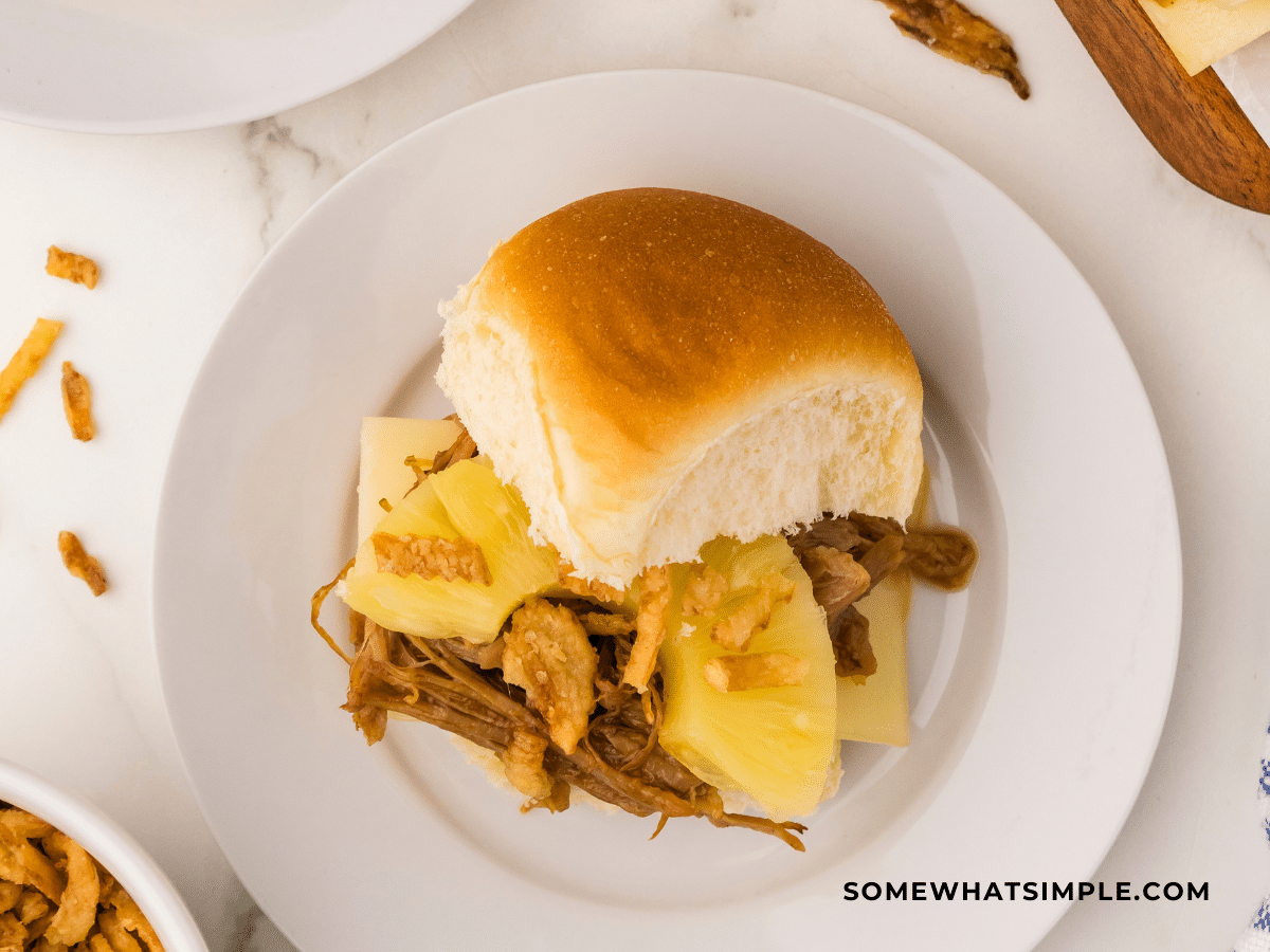 finished Hawaiian Pulled Pork Sandwiches on a white plate