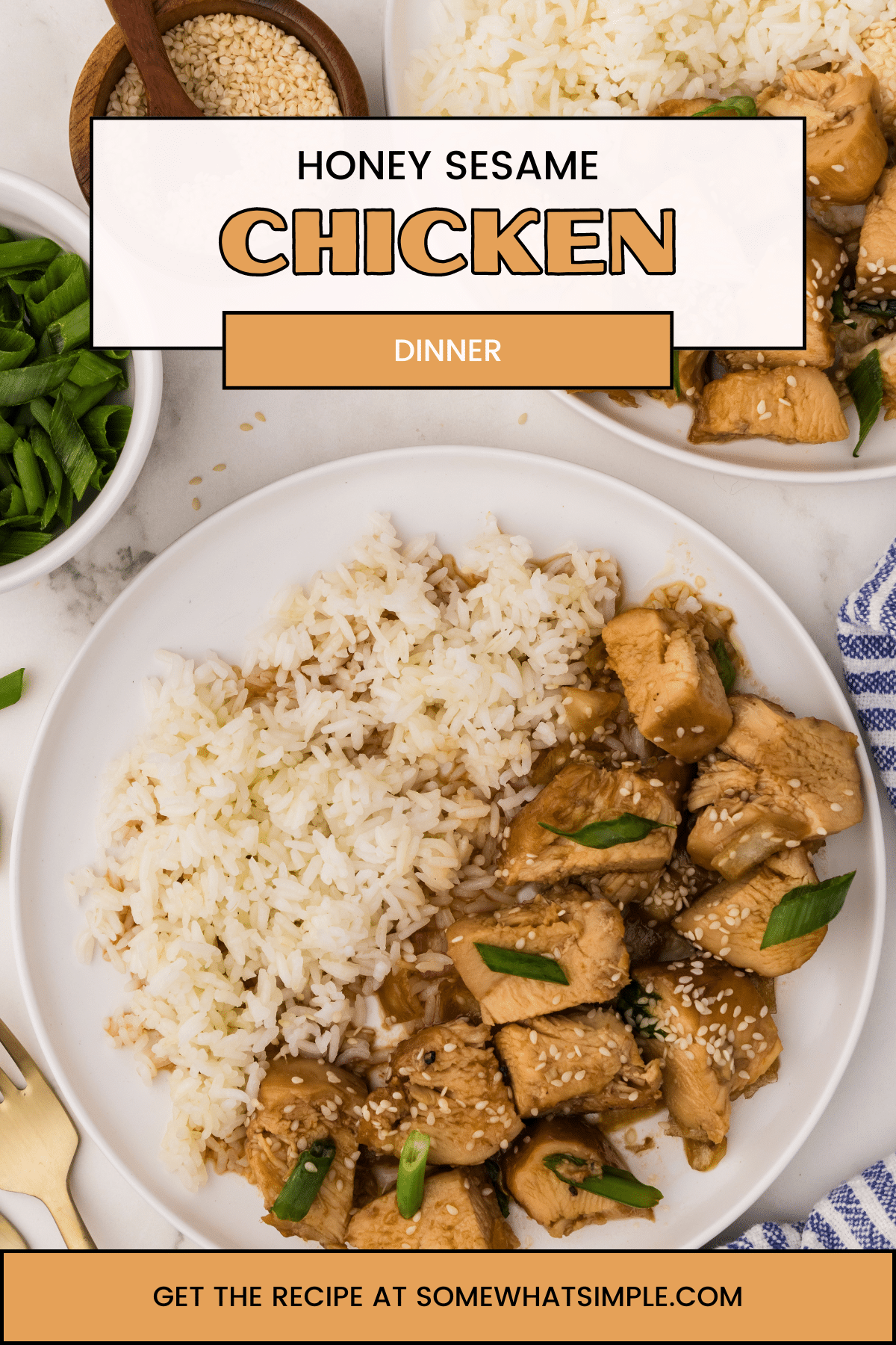 Honey sesame chicken made with chunks of slow-cooked chicken smothered in a sweet and savory honey garlic and soy sauce is garnished with sesame seeds and served hot over a bed of rice. This simple meal idea is basically a dump-and-set recipe that packs a ton of flavor into every bite! via @somewhatsimple