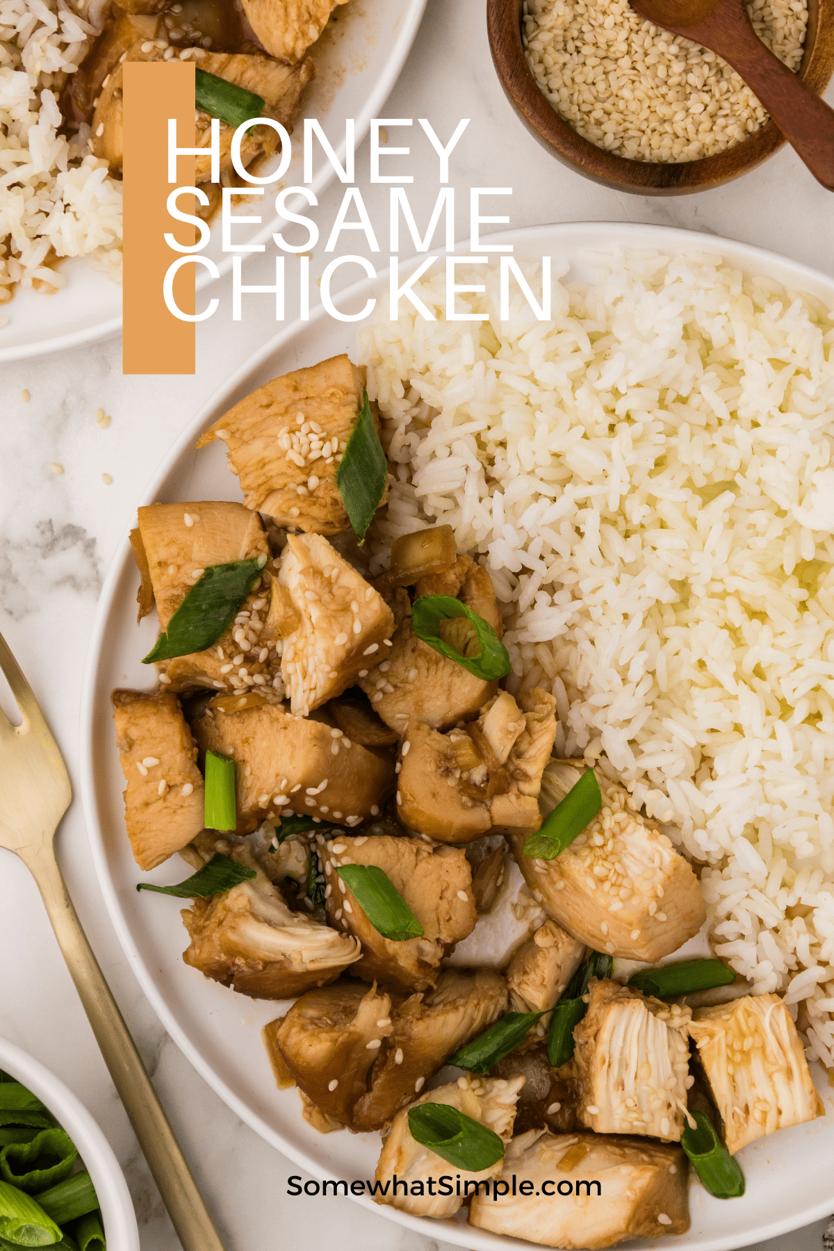 Honey sesame chicken made with chunks of slow-cooked chicken smothered in a sweet and savory honey garlic and soy sauce is garnished with sesame seeds and served hot over a bed of rice. This simple meal idea is basically a dump-and-set recipe that packs a ton of flavor into every bite! via @somewhatsimple