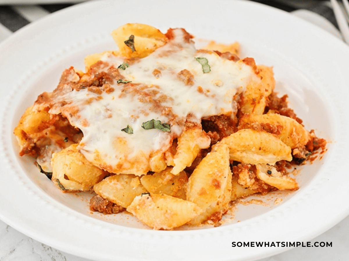 finished product of Unstuffed Shells on a white dish