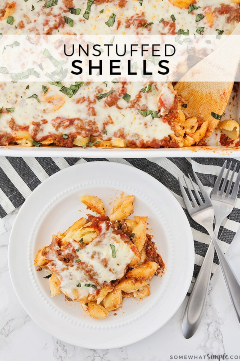 finished product of Unstuffed Shells on a white dish