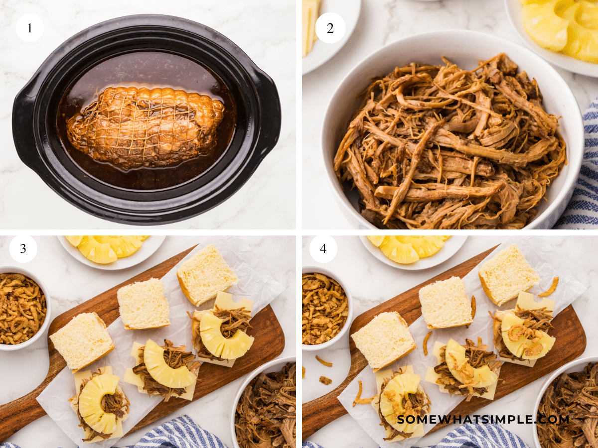 collage of images showing how to make Hawaiian Pulled Pork Sandwiches