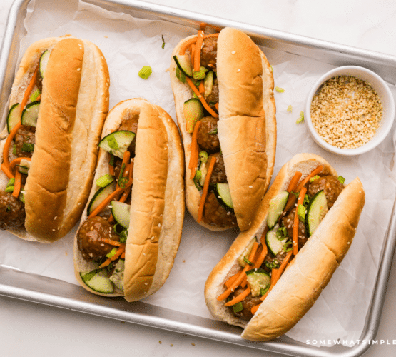 4 Asian Meatball Sandwiches plated on a baking tray