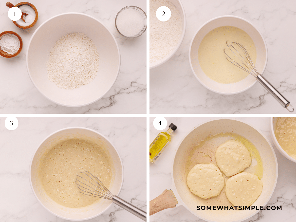 collage of images showing how to make Coconut Pancakes