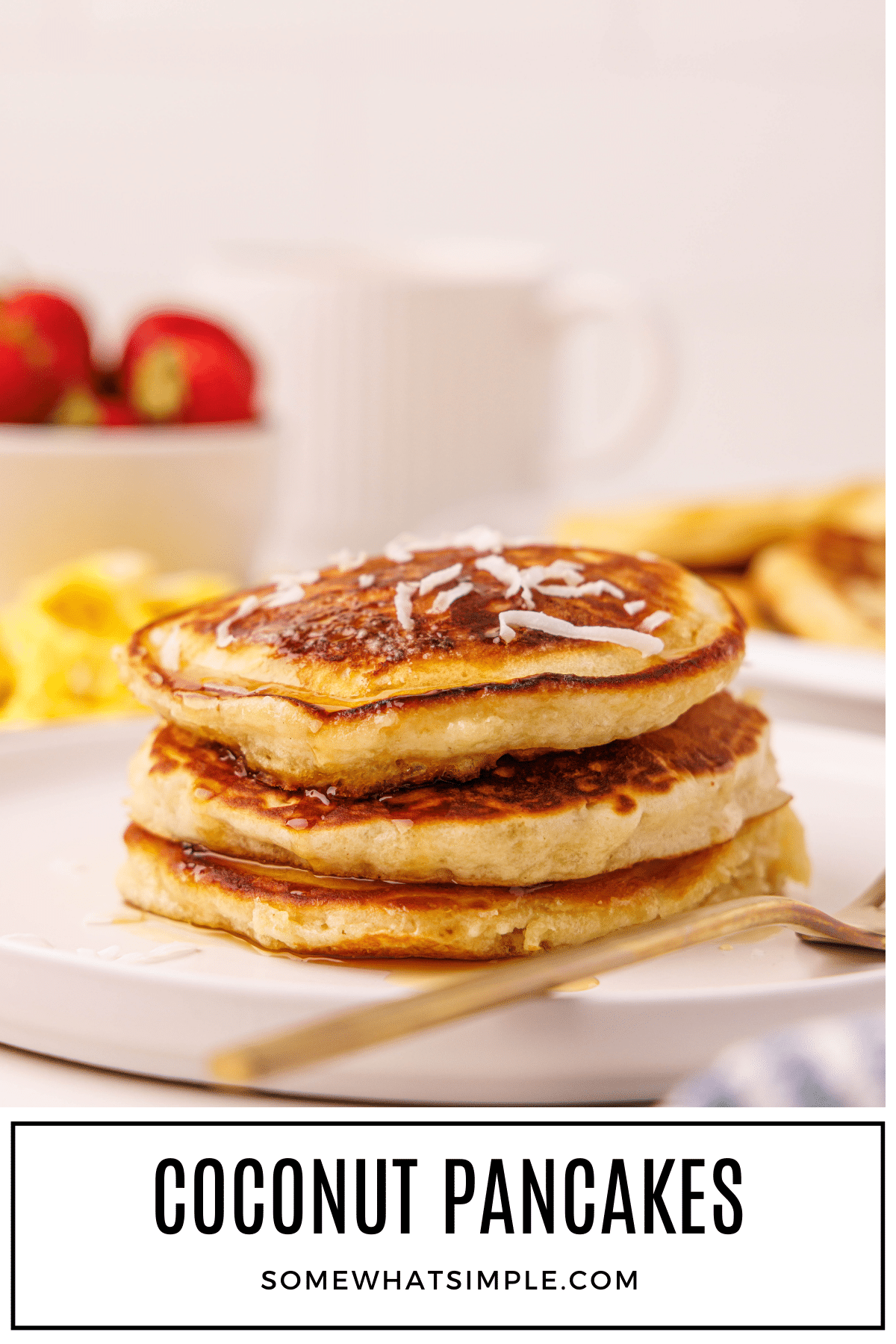 Coconut Pancakes are sure to become a favorite in your household, offering a taste of the tropics with every bite! via @somewhatsimple