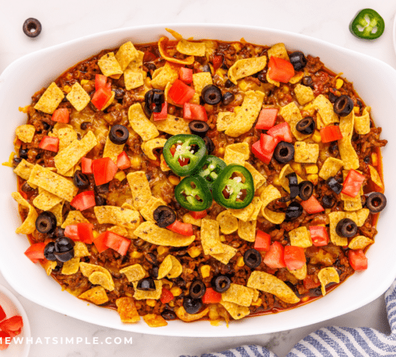 Finished Frito Pie in a white baking dish