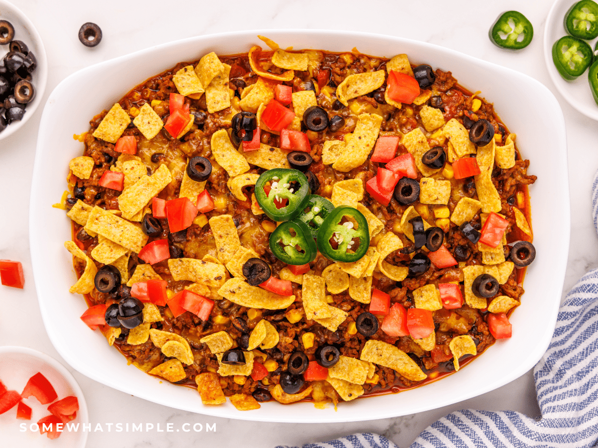 Finished Frito Pie in a white baking dish
