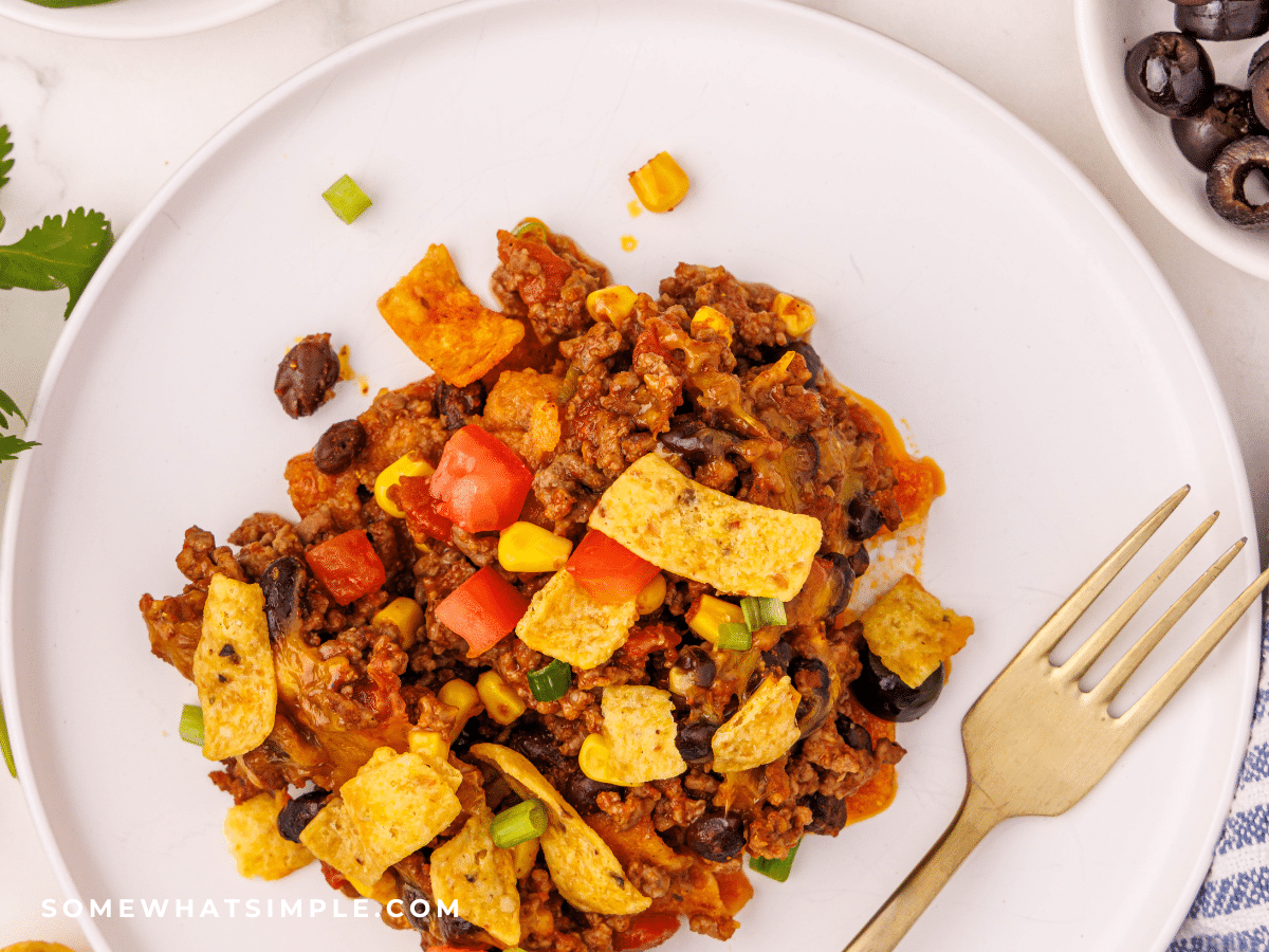 Plated Frito Pie on a white plate