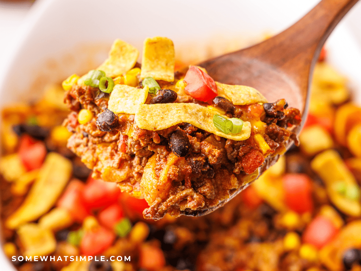 wooden spoon showing a close up of Frito Pie