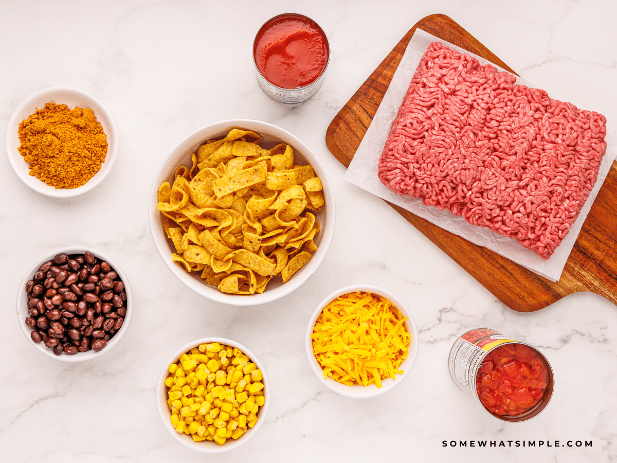 ingredients needed to make Frito Pie on a counter