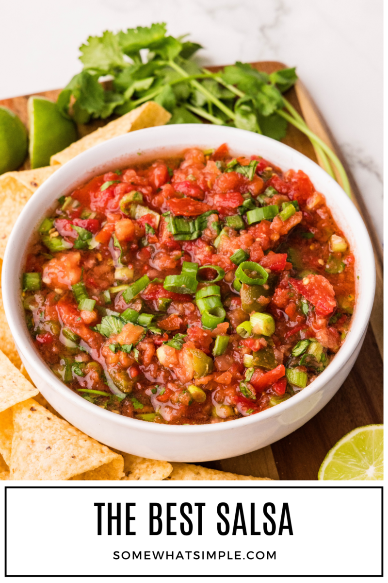 Long image of mild salsa in a white bowl