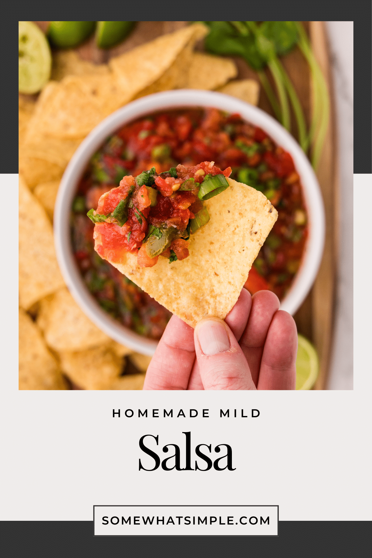 This mild homemade salsa recipe is so easy to make and tastes amazing! A restaurant style salsa made with fresh tomatoes, green onions, cilantro, limes, and pickled jalapenos. It's the perfect blend of fresh vegetables and savory spices that is perfect for dipping, scooping, and topping! via @somewhatsimple