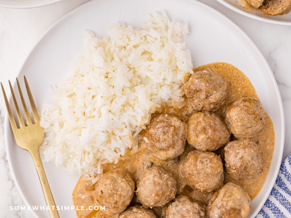 plated swedish meatballs with rice