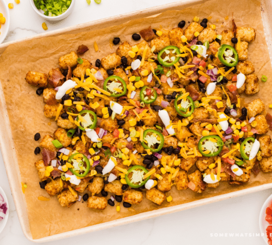 Tatchos plated on a bakind dish