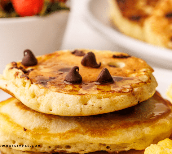 small stack of chocolate chip pancakes