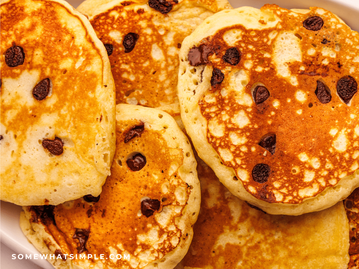 close up of chocolate chip pancakes