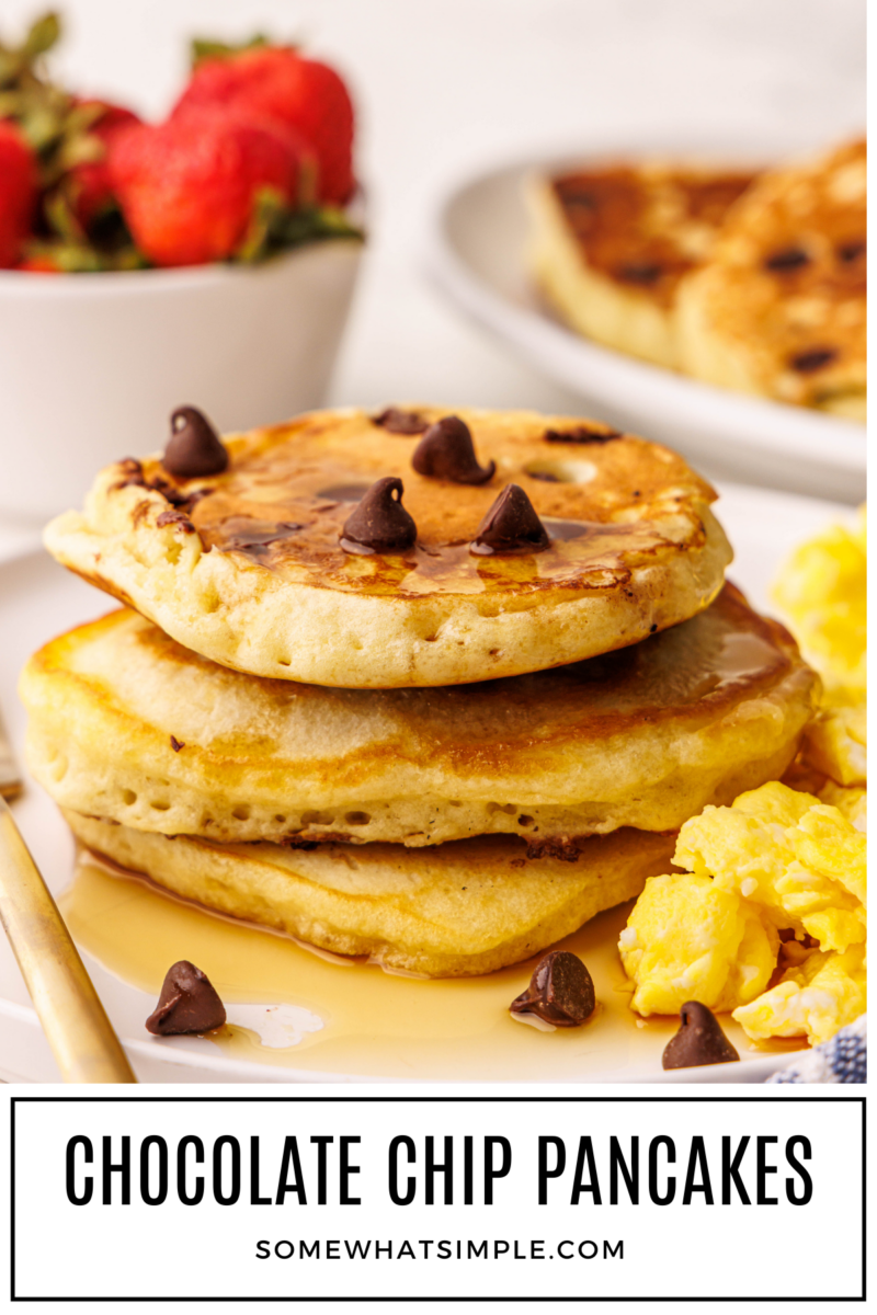 long image of a stack of chocolate chip pancakes
