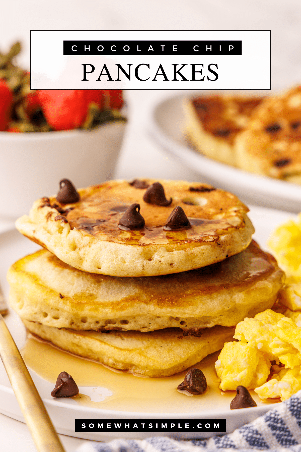 Chocolate chip pancakes are sure to become a family favorite! They're quick to prepare and an absolutely delicious way to start your day! via @somewhatsimple