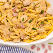 finished dish of chicken cordon bleu pasta