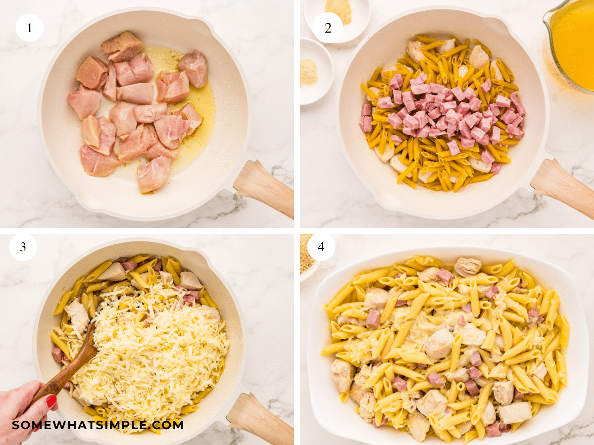 pictured collage showing how to make chicken cordon bleu pasta