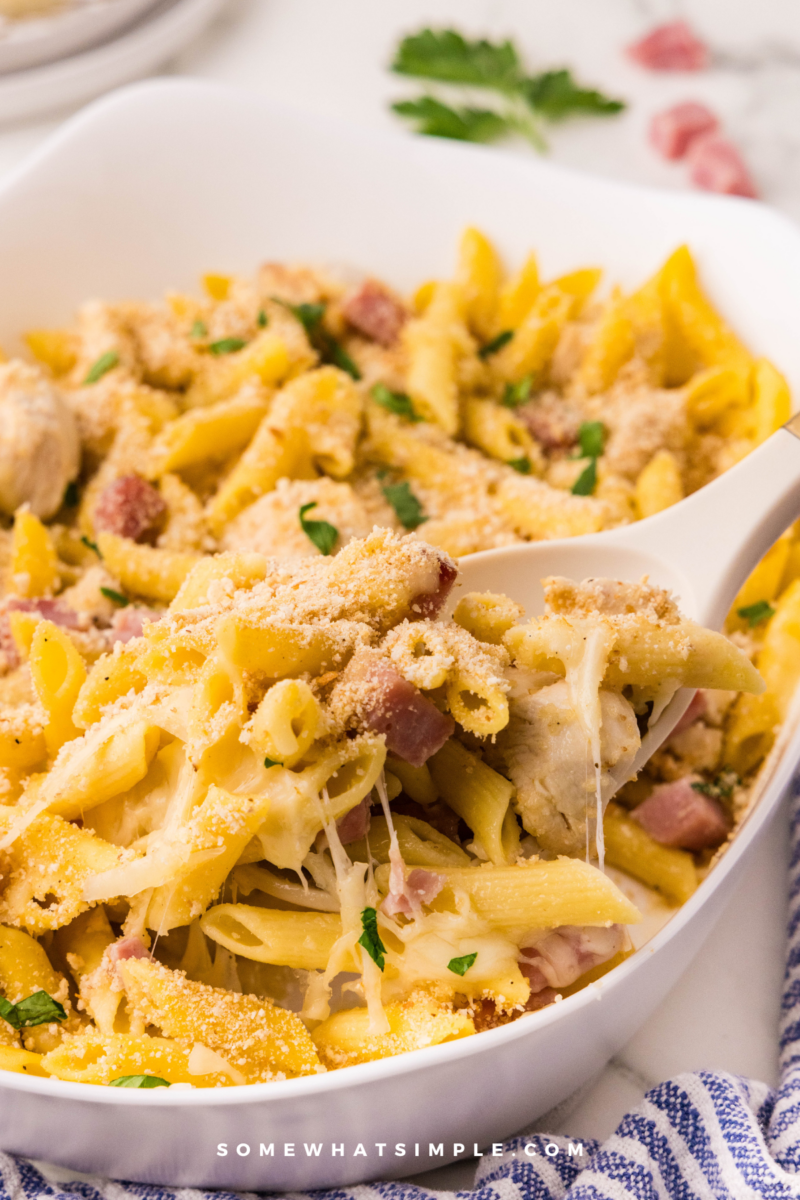 spooning chicken cordon bleu pasta