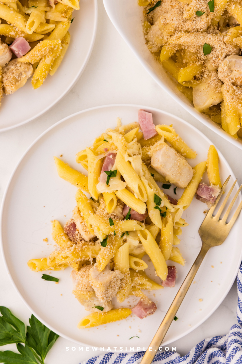 overhead shot of a plated chicken cordon bleu pasta