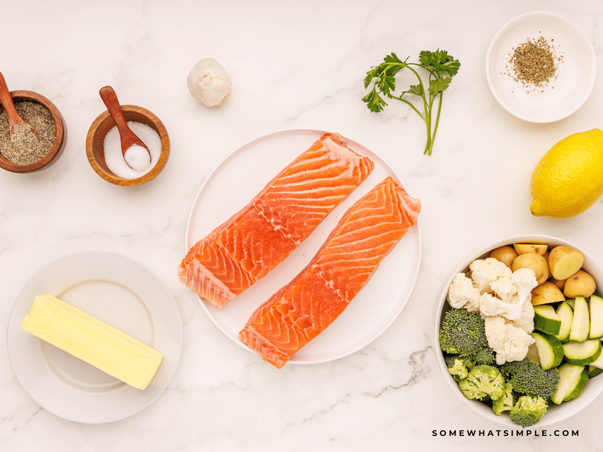 ingredients to make herb butter salmon foil dinner