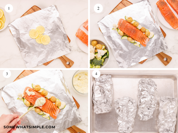 pictured collage of herb butter salmon foil dinner - how to make it