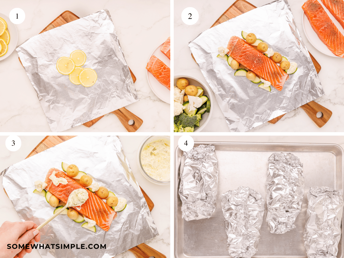 pictured collage of herb butter salmon foil dinner - how to make it