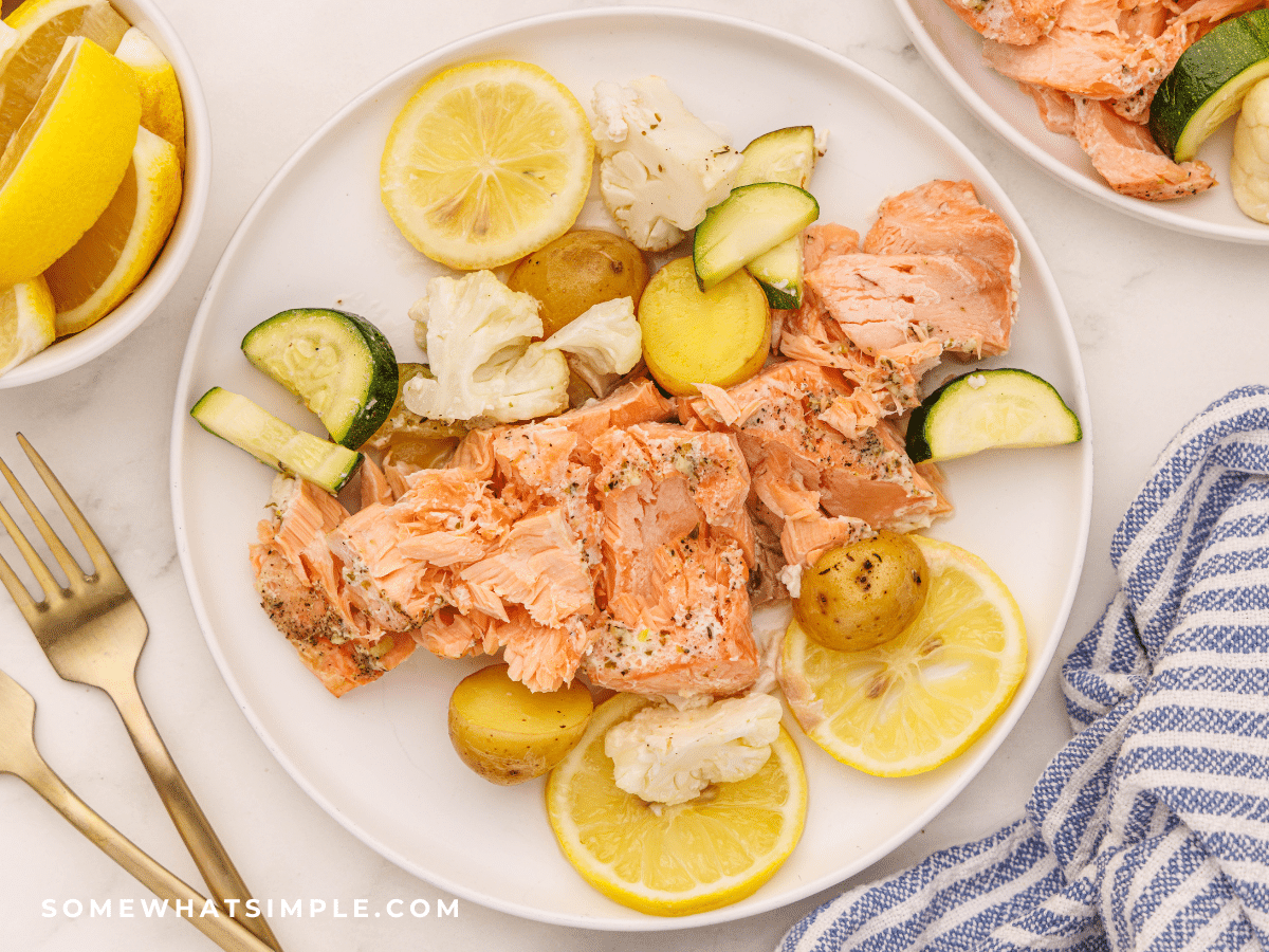 plated herb butter salmon foil dinner, out of the foil