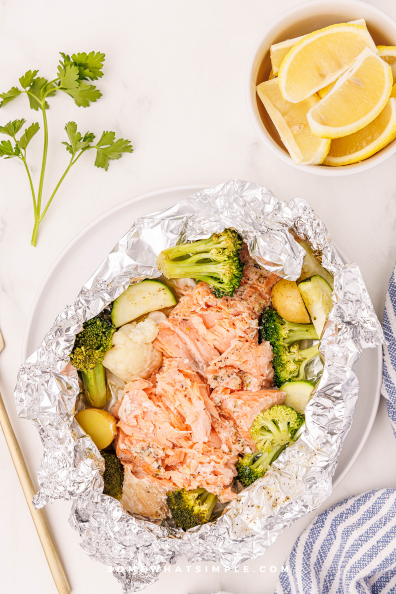 long image of herb butter salmon foil dinner