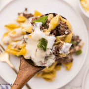 Philly Cheesesteak Casserole plated on a white plate
