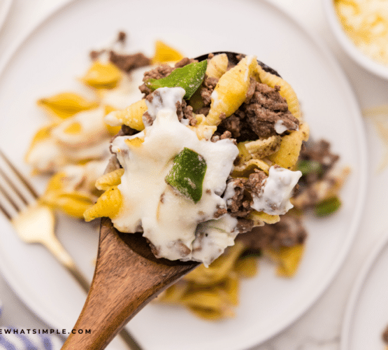 Philly Cheesesteak Casserole plated on a white plate