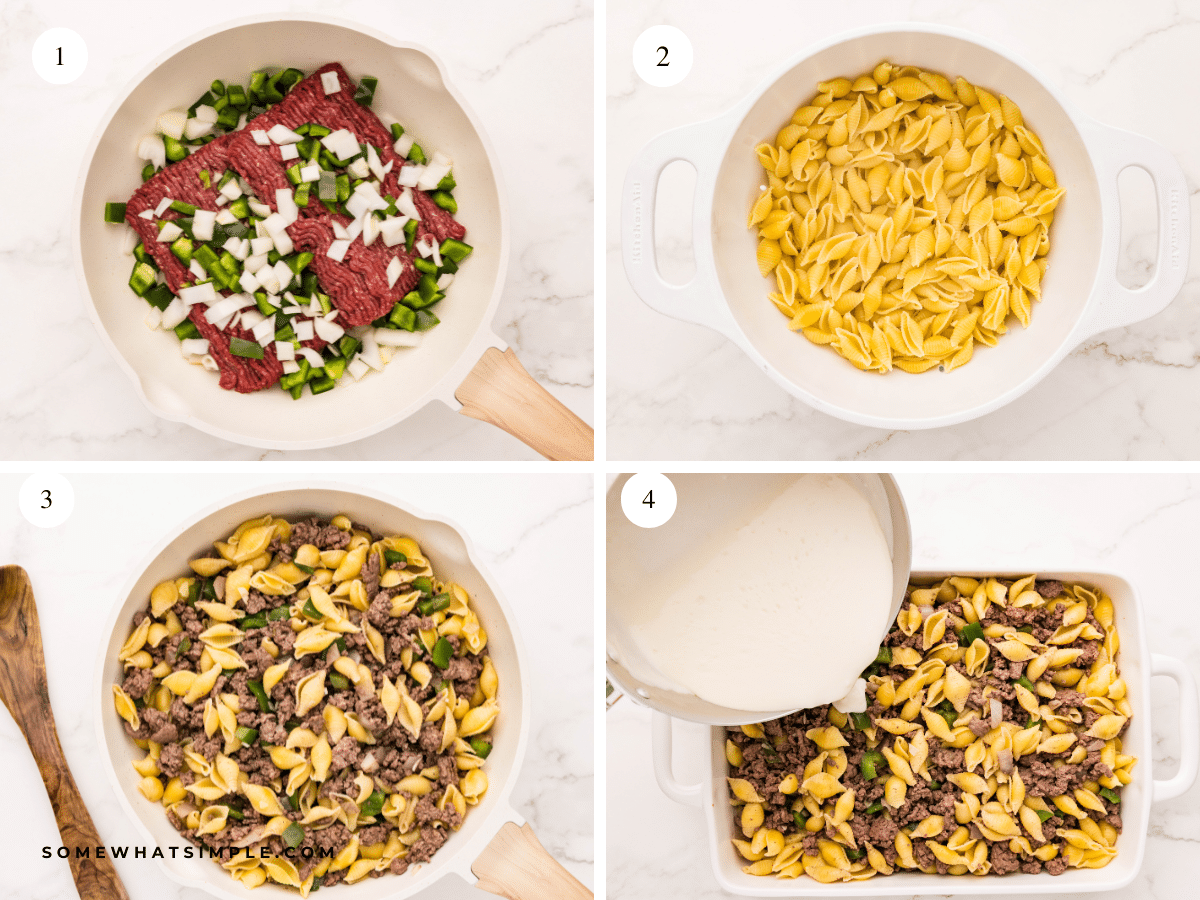 collage of images showing how to make Philly Cheesesteak Casserole