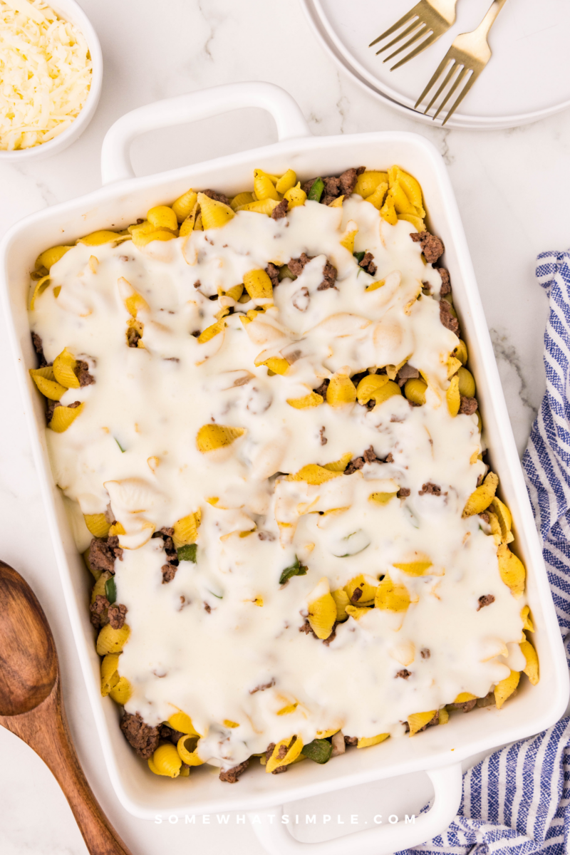 Philly Cheesesteak Casserole in a casserole pan