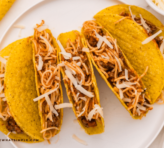 finished Spaghetti Tacos on a white plate