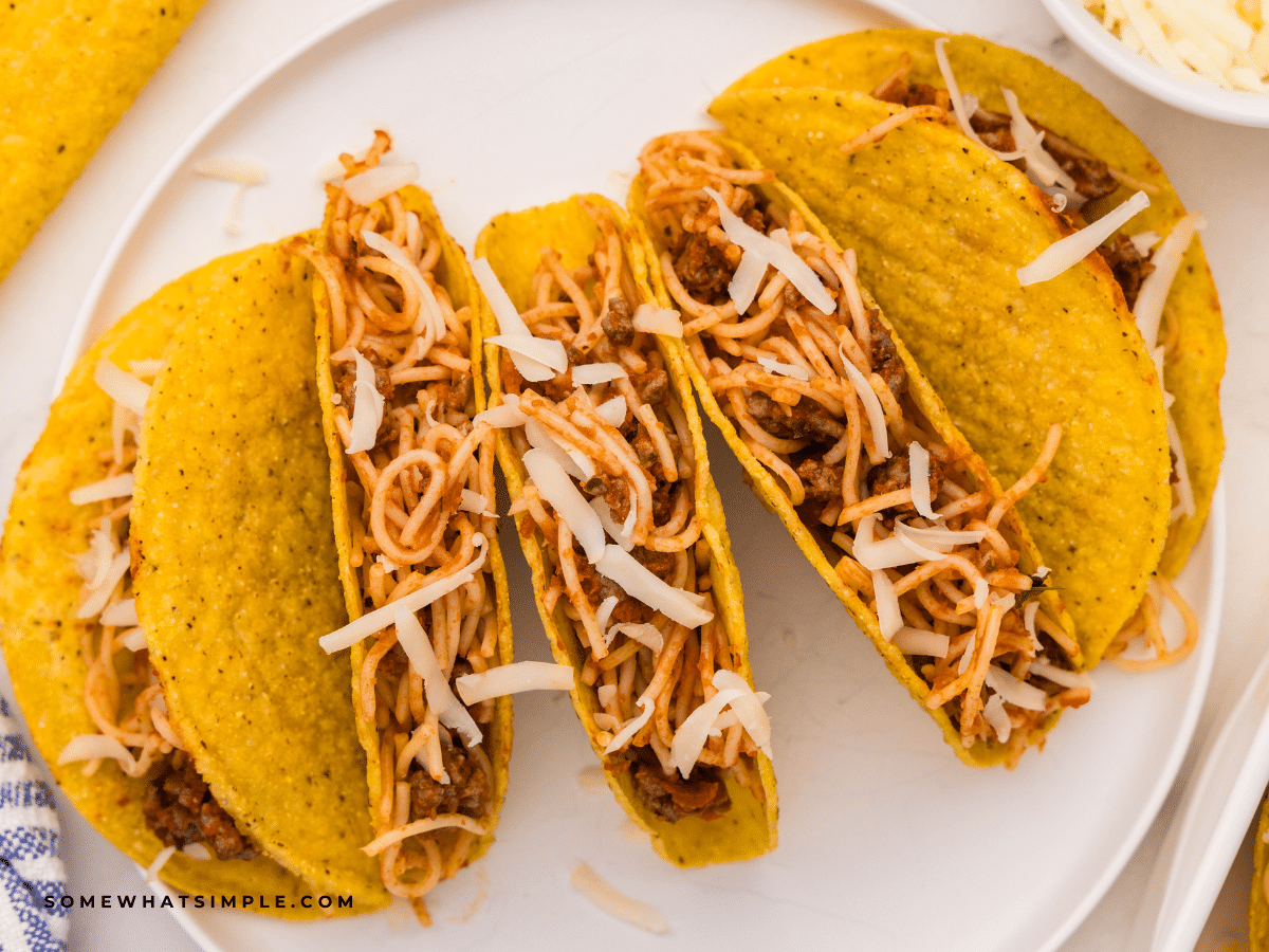 finished Spaghetti Tacos on a white plate