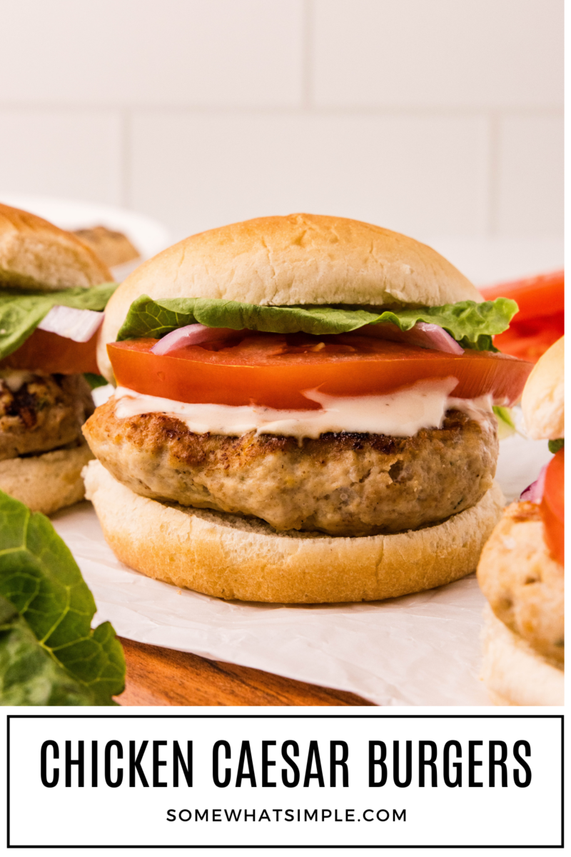Chicken Caesar Burger on a wood cutting board
