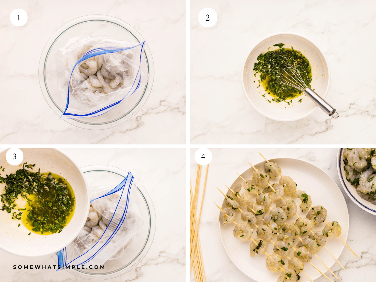collage of directions on how to make Grilled Garlic Shrimp