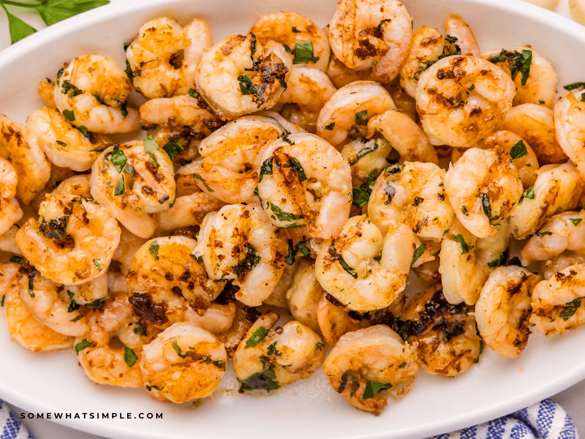 close up of Grilled Garlic Shrimp on a white bowl