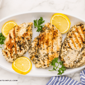 plated marinated italian chicken breasts shot overhead