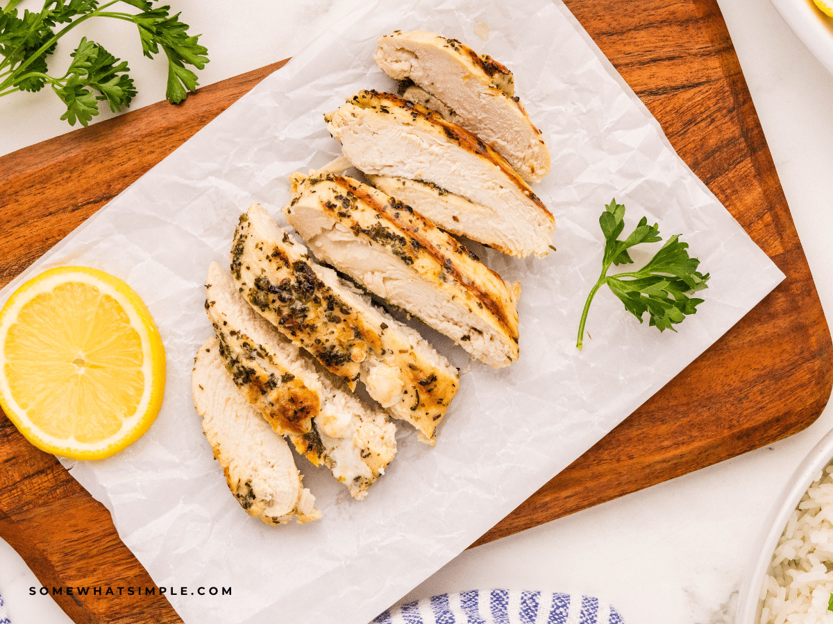 plated, sliced marinated italian chicken breasts