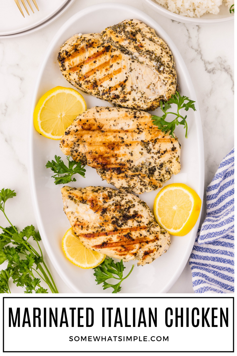 overhead shot of marinated italian chicken breasts