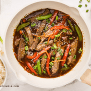 Teriyaki Beef Stir Fry in a white serivign bowl
