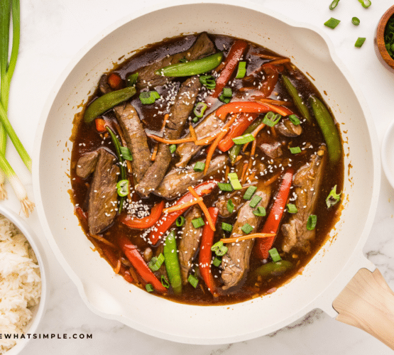 Teriyaki Beef Stir Fry in a white serivign bowl