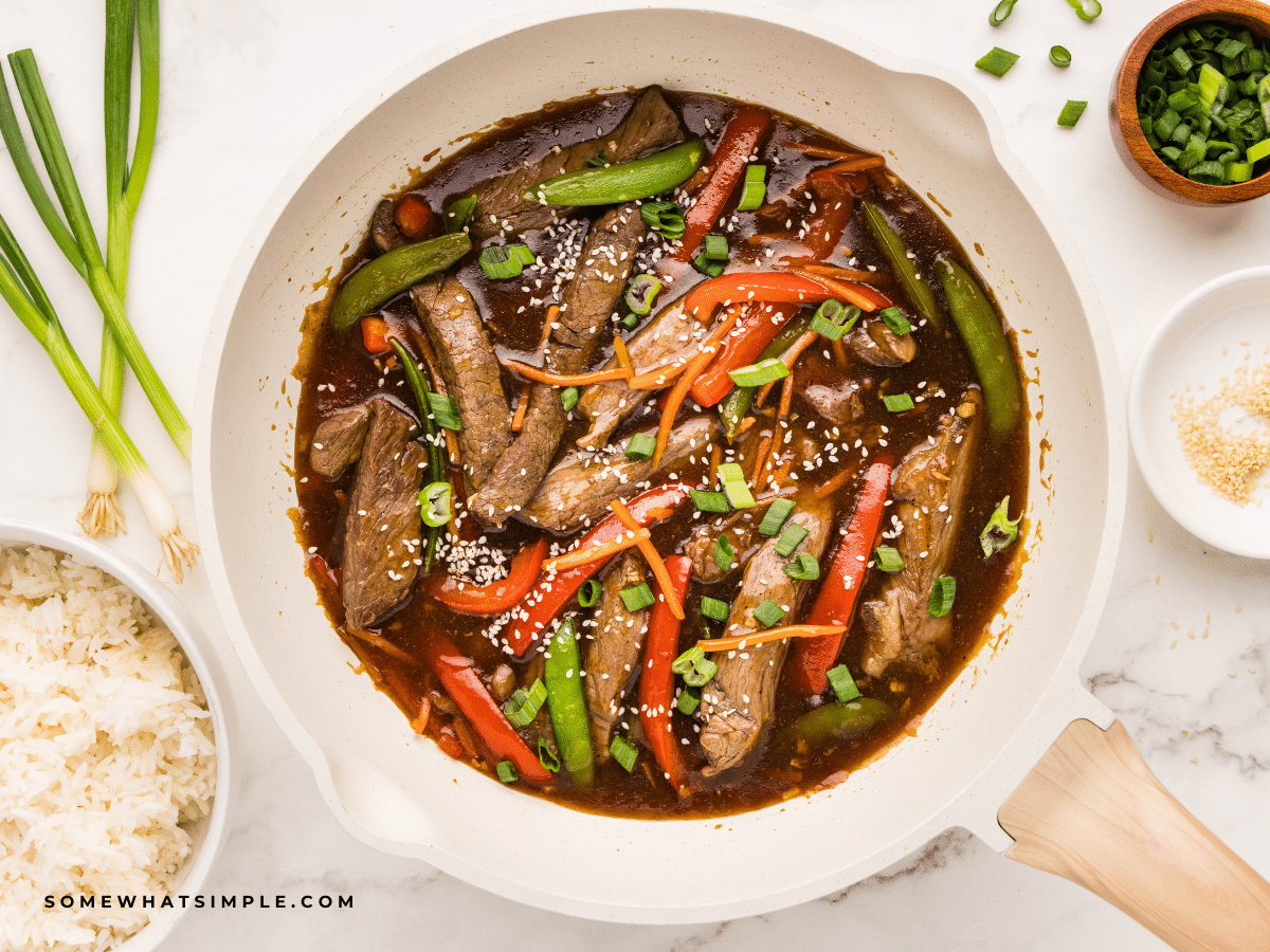 Teriyaki Beef Stir Fry in a white serivign bowl