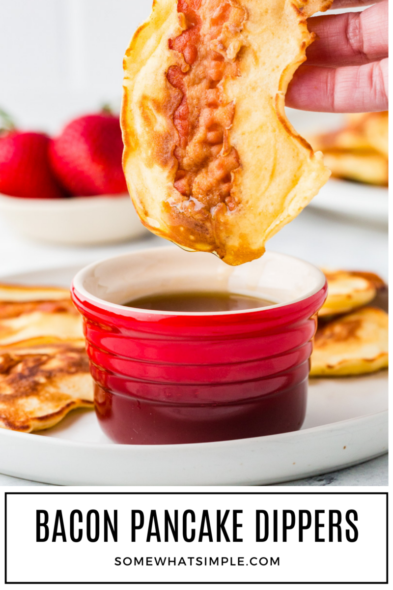 long image of a Bacon Pancake Dipper being dipped into syrup with a text overlay
